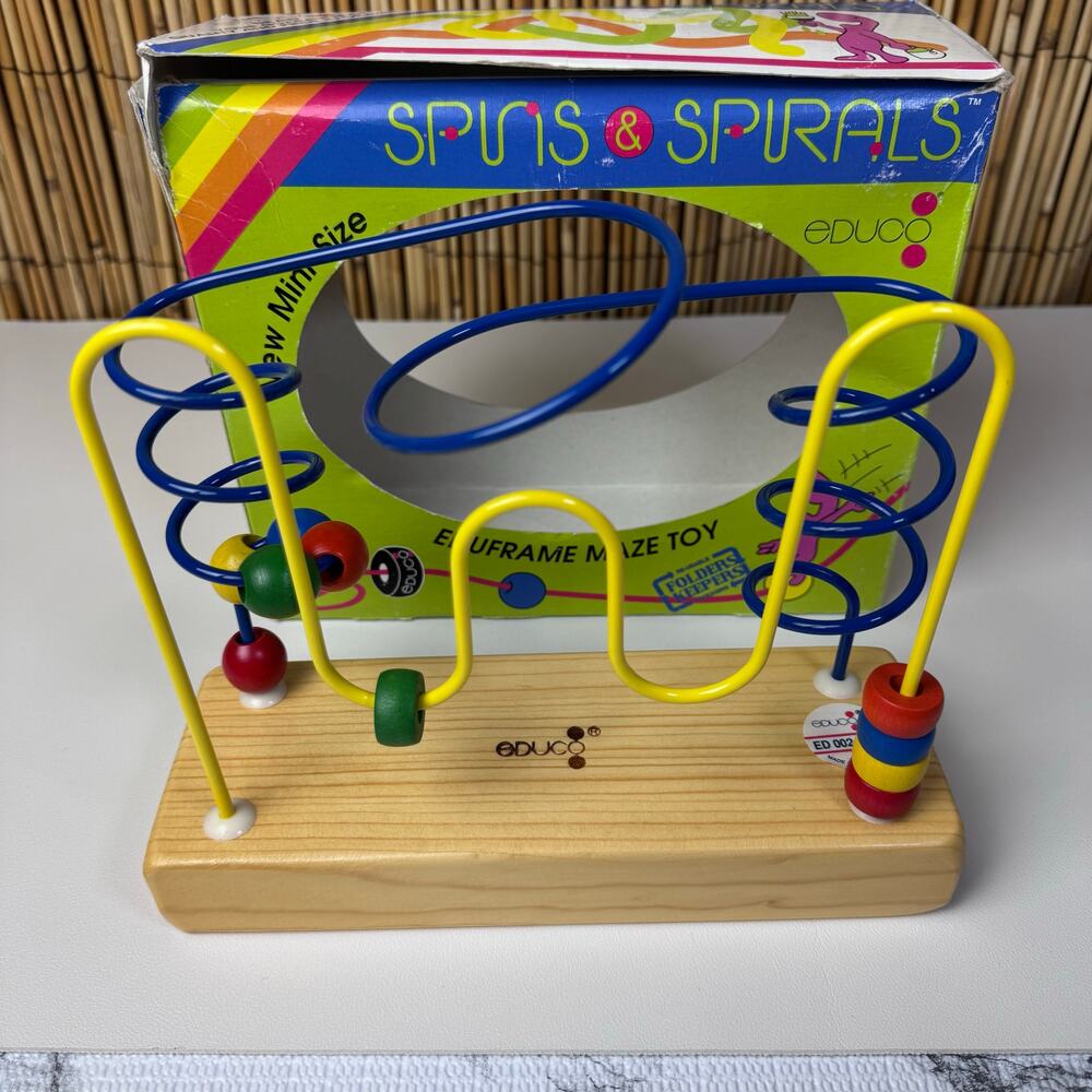 Vintage Educo Spins & Spirals Mini-Size Eduframe Wooden Bead Wire Maze Toy NIB